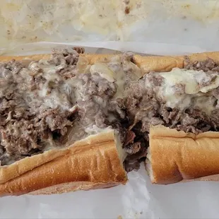 cheesesteak with onions and mushrooms; extra meat, extra cheese
