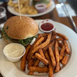 a burger and fries