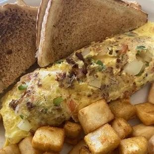 Western omelet, has browns, and toast