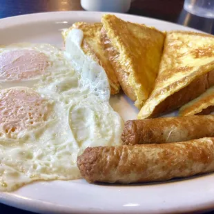 Eddy's combo- either 2 French toast or 2 pancakes, 2 eggs any style, and choice of breakfast meat. $7.99.