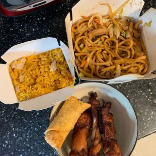 Lo mein, chicken fried rice, egg roll, bbq chicken