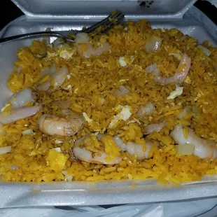 Shrimp fried rice with egg and 2 packs of soy sauce, initially.