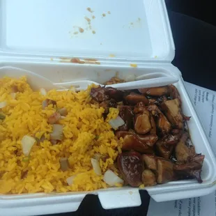 Bourbon Chicken lunch deal that comes with pork fried rice and a can if soda which in my case was Sprite for $5.45.