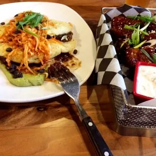Duck Wings (Korean BBQ, Raita) and Duck Crepes (Duck confit, rice flour crepe, hoisin, kimchee, avocado).