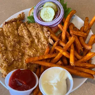 Tenderloin sandwich and sweet potato fries