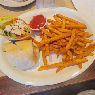 Chicken &amp; Hummus wrap ($14.00) w/ sweet potato fries ($0.75)