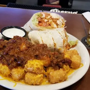 Buffalo chicken wrap with chili cheese tots. With extra ranch
