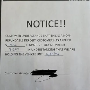 Sales agreement to hold vehicle.