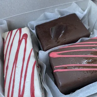 Chocolate, red velvet, and raspberry