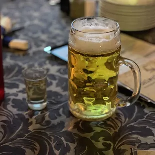 Bitburger and a shot of Apfelkorn!