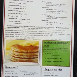 The first page of the breakfast menu lists all of the basic selections.  Don't look for prime rib, as you'll have to ask your server.