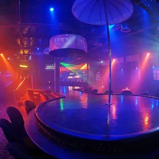 a round table with umbrellas