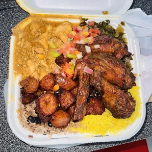 Curry chicken  Jerk chicken Plantains  Greens Rice and peas Yellow rice