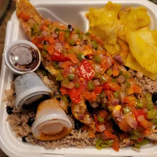 Fried snapper w beans n rice and cabbage