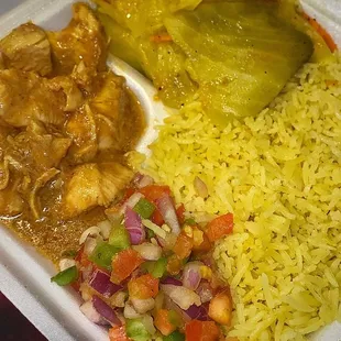 Chicken Curry Crepe Yellow Rice and Veggie Crepe (cabbage and carrots) with three salsas $15