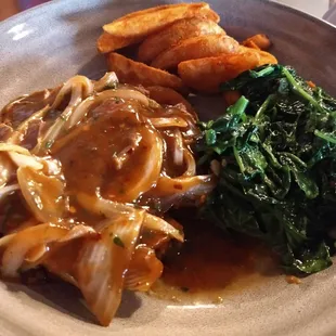 Chopped steak with spinach and steak fries!