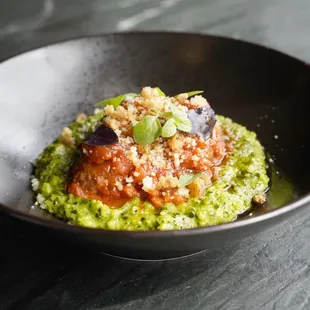 Lamb Meat Balls Al Forno - herbed polenta, parmesan, agrodolce