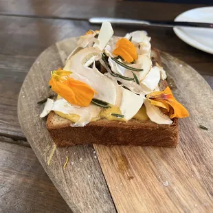 Wild Mushroom Tartine with corn pudding, raw maitake