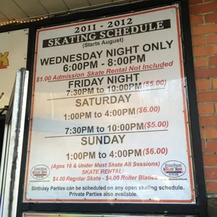 2011/2012 skating schedule, when they get a new sign, I'll try to score a pic, but right now it's true to what it says