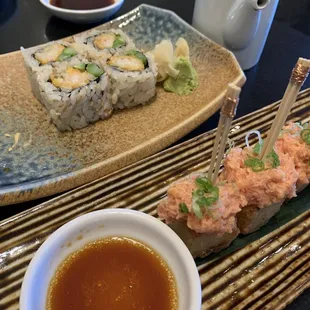 Shrimp tempura roll and crispy rice spicy tuna