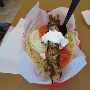 Chicken kabob sandwich, $6.95