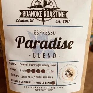 12 oz locally roasted whole bean and ground bags pr larger for sale at this wonderful Coffee Shop