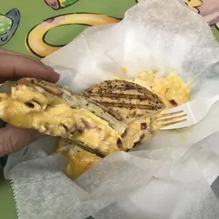 Egg, bacon and pimento cheese on and everything bagel.