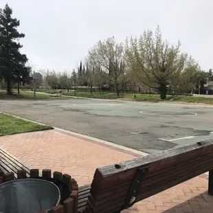 Basketball hoops, full court and benches