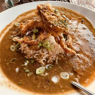 Seafood Gumbo Dinner with soft shell crab