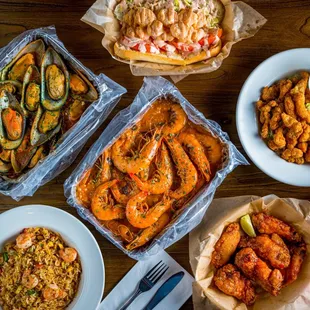 a variety of seafood dishes
