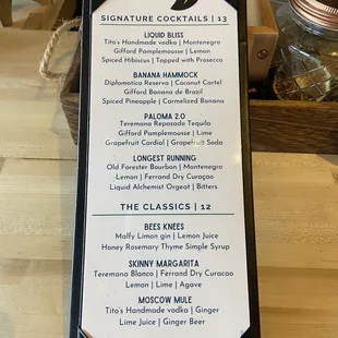 Cocktail menu