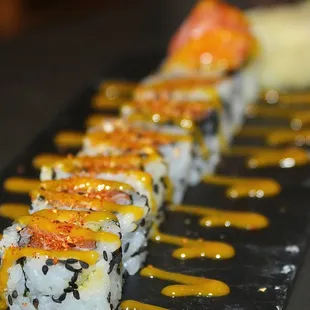 The Salmon Roll was made with spicy mango, edge togarashi, and cucumber.