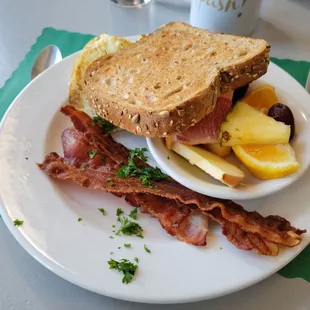 2 eggs, bacon, toast, &amp; fruit. A complete breakfast!
