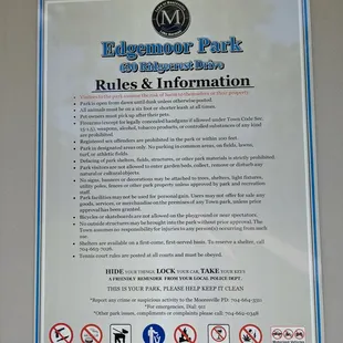 Rules of Edgemoor Park, Mooresville