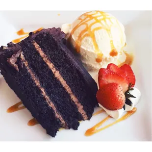 Chocolate cake with vanilla ice cream for dessert