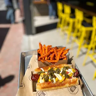 a hot dog and fries