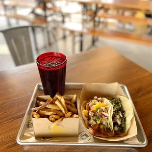 a tray of food and a drink
