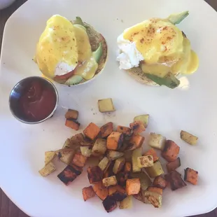 Avocado and tomato Benedict.