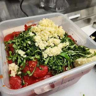 a container of food on a counter