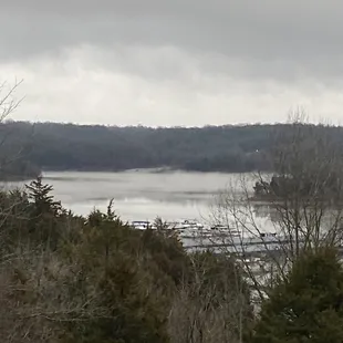 Taylorsville Lake Marina with a light evening fog over the water