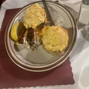 Blackened Rockfish stuffed with lump crabmeat and a twice baked potato