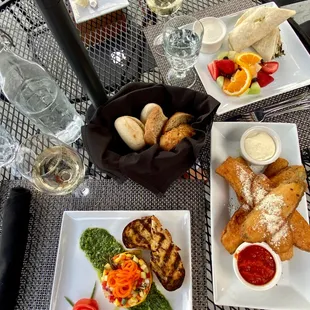 Veggie pesto tartare, zucchini planks, veggie wrap, wine