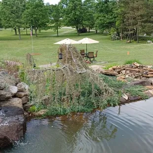 a pond and gazebo