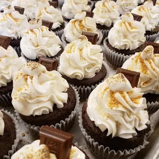 a tray of cupcakes with white frosting