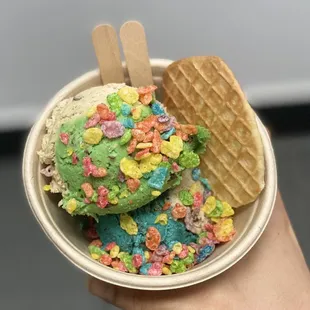 Double scoop: Chocolate chip, chocolate mint, cookie monster, banana nutella topped with fruity pebbles
