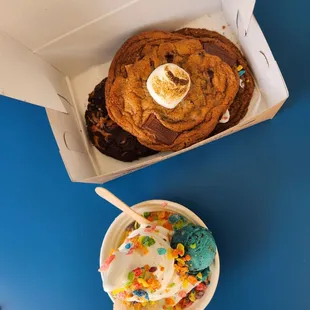 Soft Serve with 2 choice cookie dough,  1 smores cookies, 1 ube and 1 milk &amp; cereal