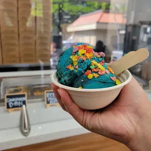 Double scoop of cookie monster edible cookie dough w/ fruity pebbles as a topping