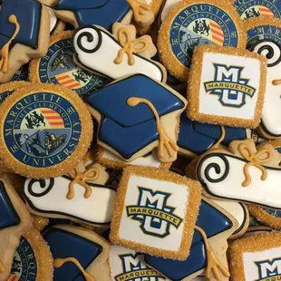 Custom school graduation cookies with a combination of logo and hand frosted designs