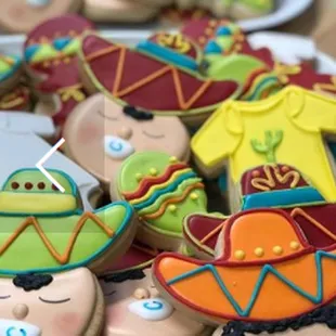 Custom designed sugar cookies.  Fiesta theme baby shower.
