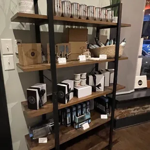 shelves with various items on them